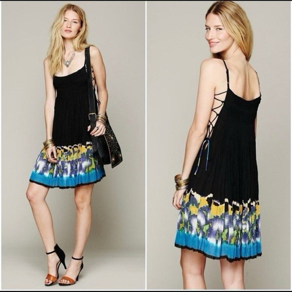 Free People Fp One S Small Dress Imperial Palm Pintuck Printed Black Boho Beach